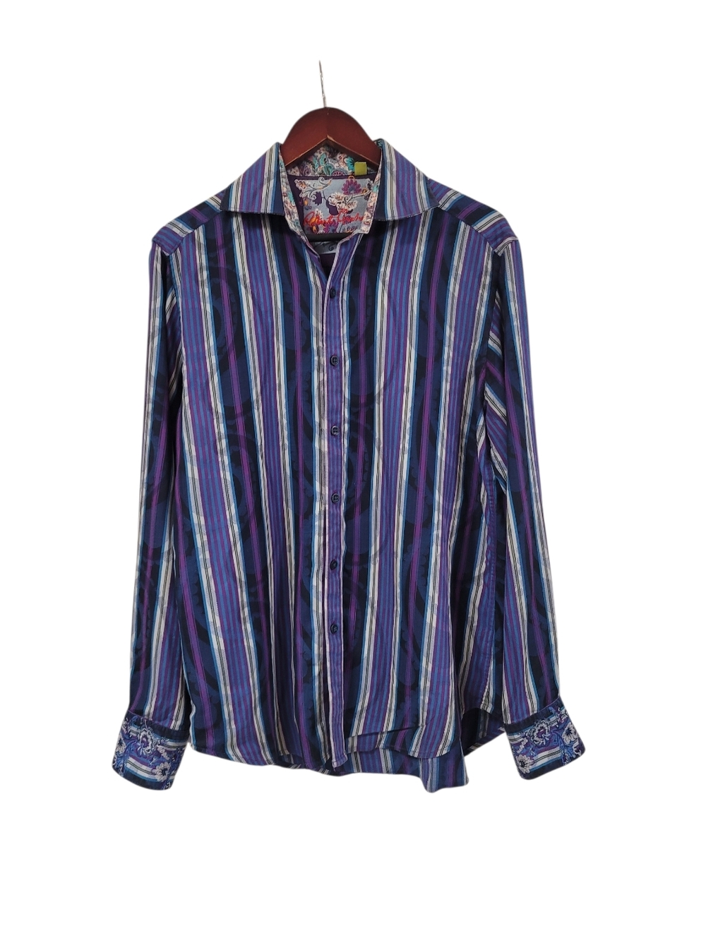 Robert Graham Stripped Embroidered Long Sleeve Floral Cuff Shirt Medium